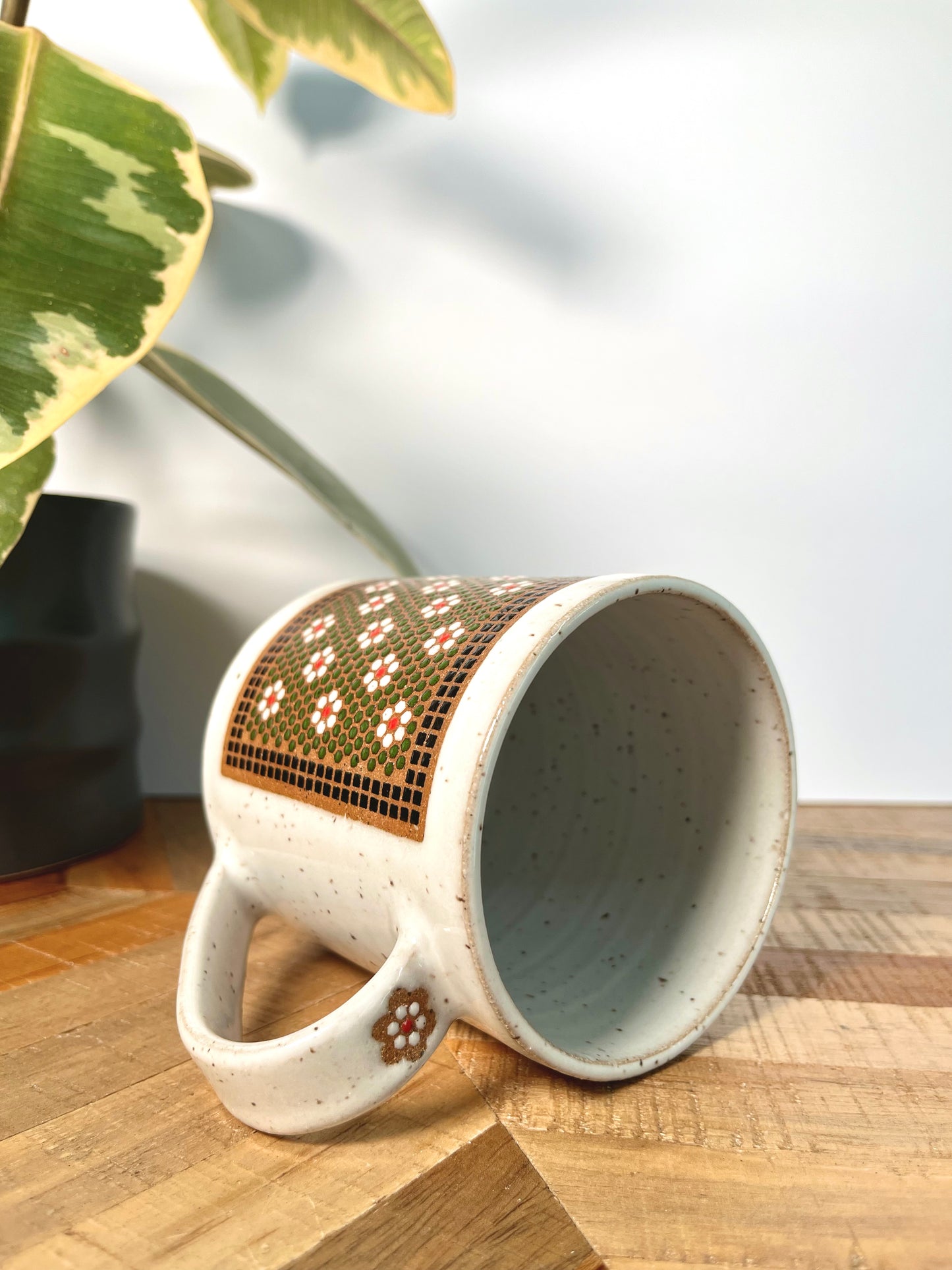 Right-Handed Green & White Floral Tile Mug