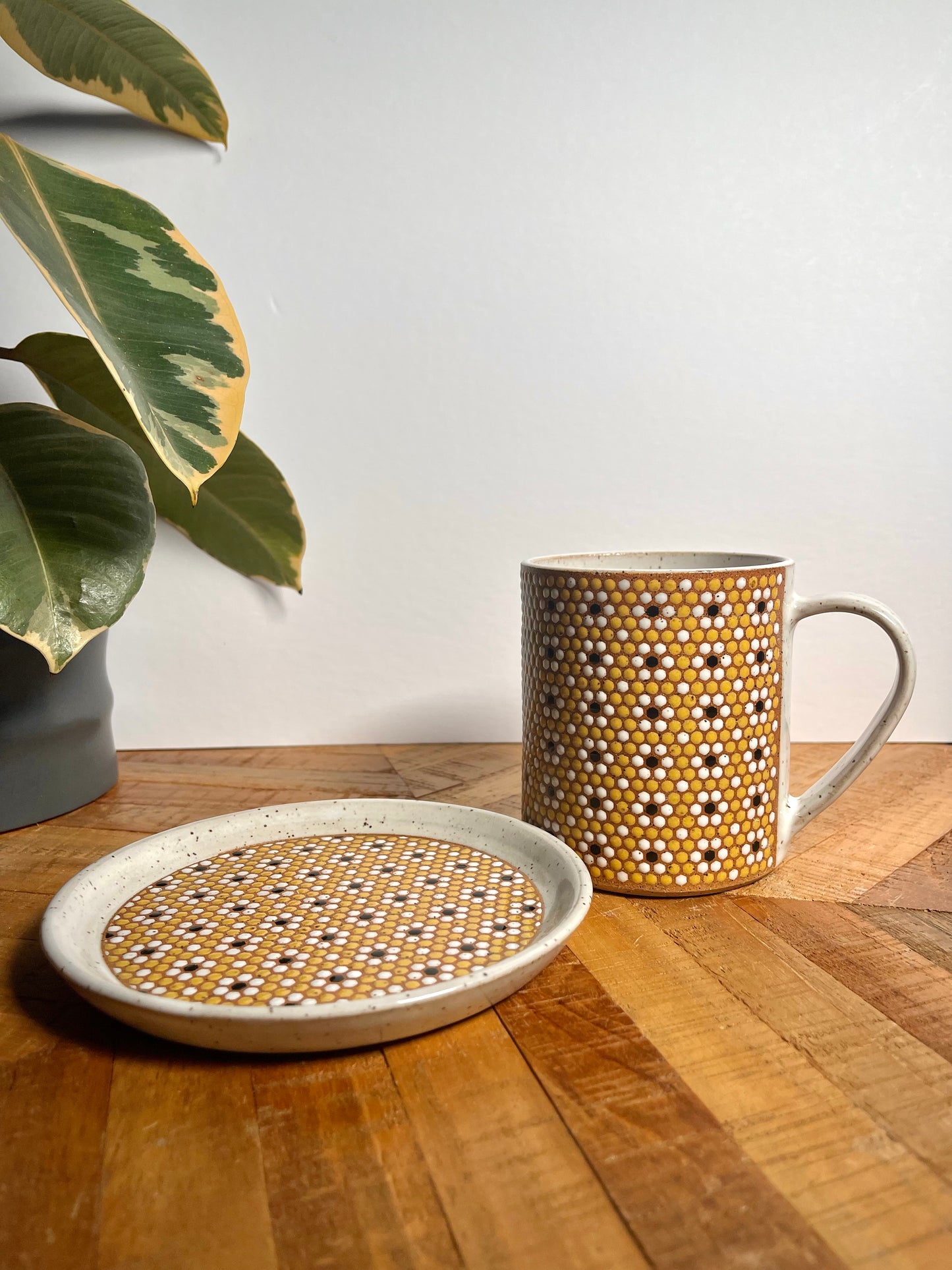 Yellow Floral Mug and Small Plate Set