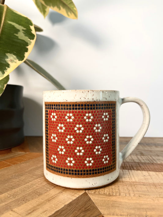 Right-Handed Red & White Floral Tile Mug