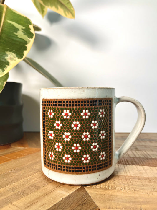 Right-Handed Green & White Floral Tile Mug