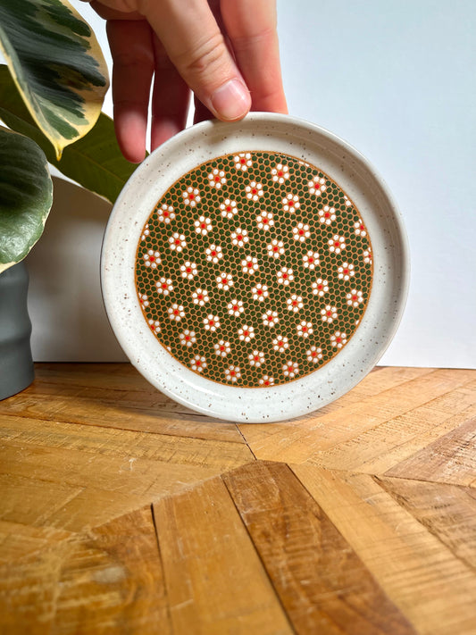 Small Green and White Floral Tile Plate