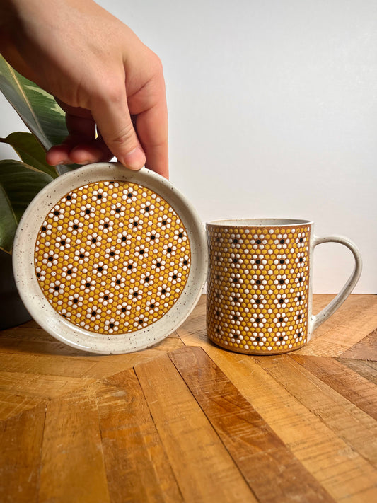 Yellow Floral Mug and Small Plate Set